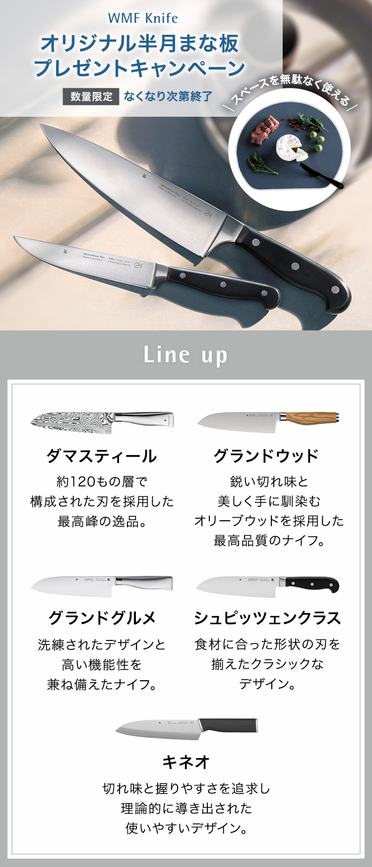 WMF Knife オリジナル半月まな板（非売品）プレゼントキャンペーン 数量限定 無くなり次第終了 スペースを無駄なく使える Line up ダマスティール 約120もの層で構成された刃を採用した最高峰の一品。グランドグルメ 洗練されたデザインと機能性。シュピッツェンクラス リベット付きのハンドルがクラッシック。キネオ 使いやすく美しいエルゴノミックデザイン。