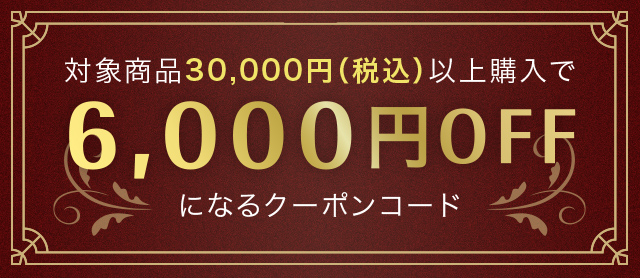 対象商品30,000円（税込）以上購入で6,000円OFFになるクーポンコード